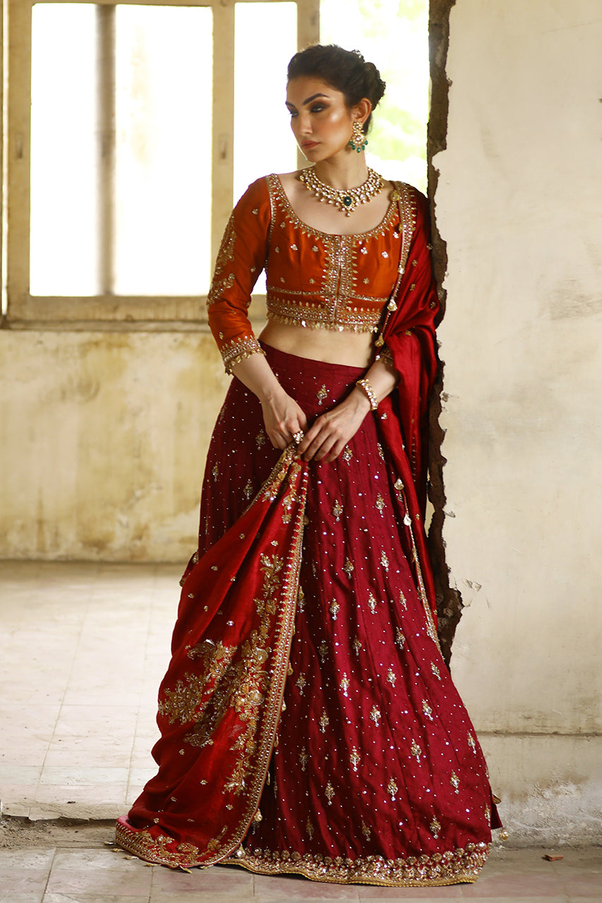 Maroon & Rust Marori Embroidered Raw Silk Lehenga (3-Piece) - Image 1