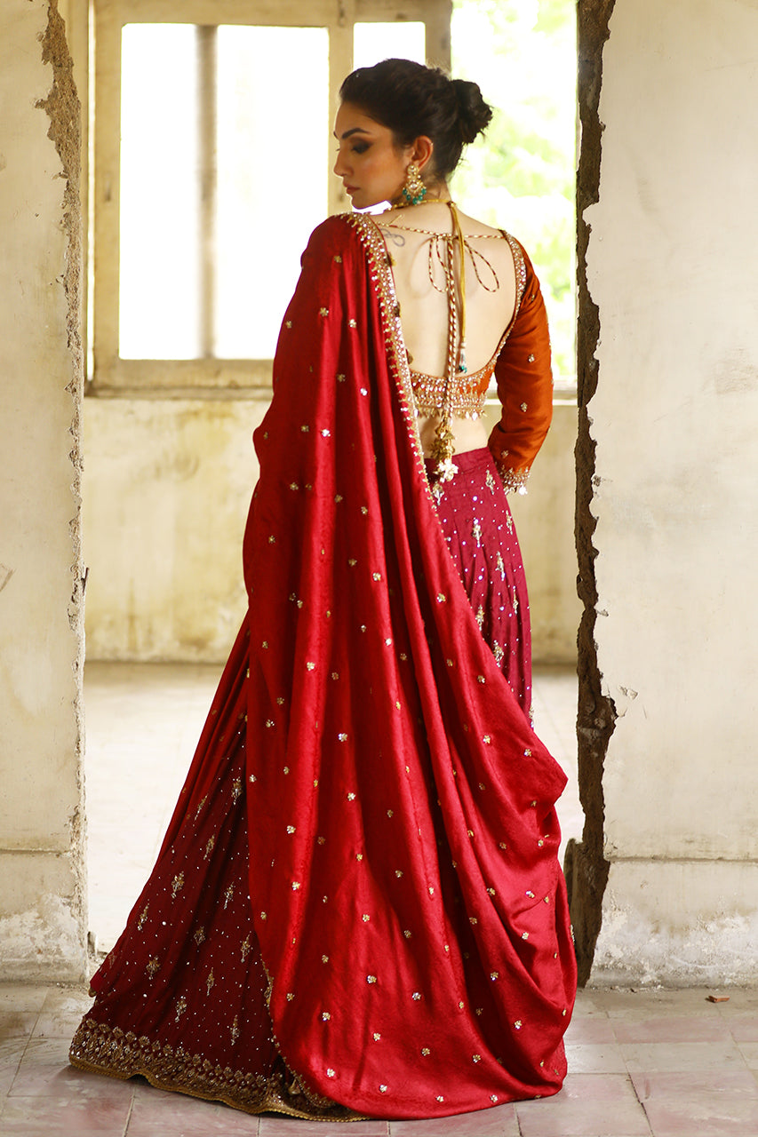 Maroon & Rust Marori Embroidered Raw Silk Lehenga (3-Piece) - Image 2
