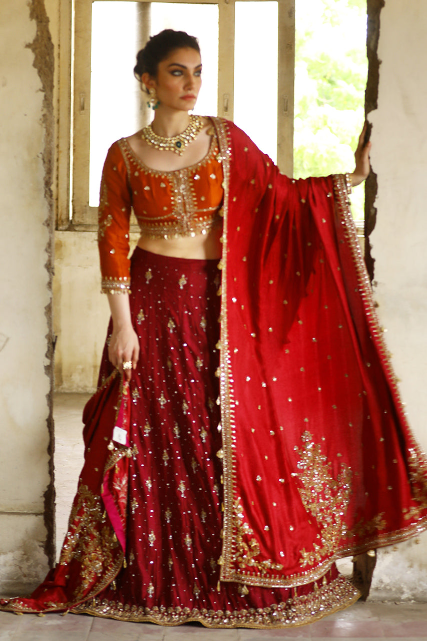 Maroon & Rust Marori Embroidered Raw Silk Lehenga (3-Piece) - Image 3