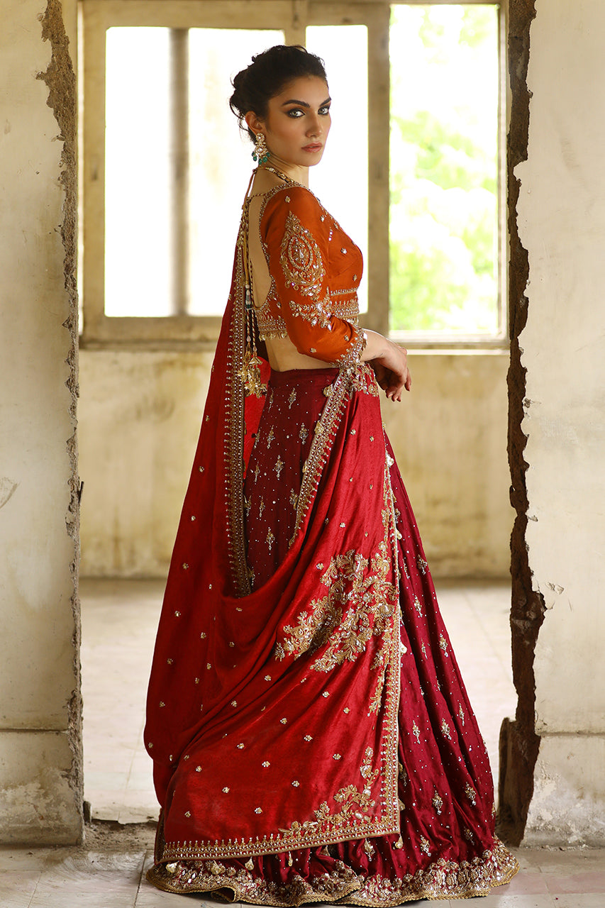 Maroon & Rust Marori Embroidered Raw Silk Lehenga (3-Piece) - Image 4