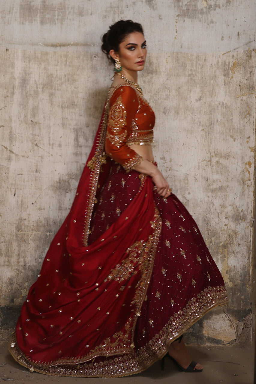 Maroon & Rust Marori Embroidered Raw Silk Lehenga (3-Piece) - Image 5