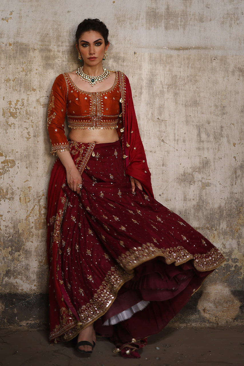 Maroon & Rust Marori Embroidered Raw Silk Lehenga (3-Piece) - Image 6