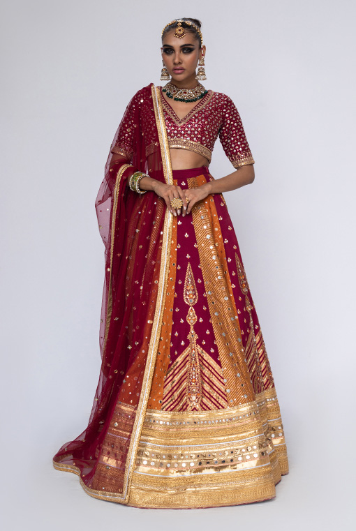 Pakistani Deep Maroon Embroidered Raw Silk Lehenga (3-Piece) - Image 1