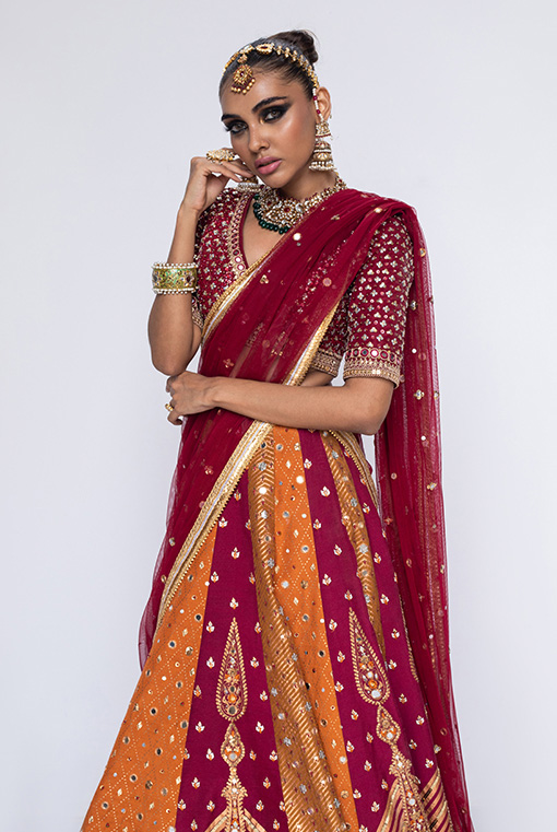 Pakistani Deep Maroon Embroidered Raw Silk Lehenga (3-Piece) - Image 2