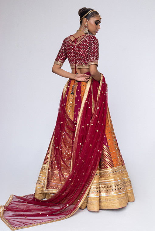 Pakistani Deep Maroon Embroidered Raw Silk Lehenga (3-Piece) - Image 3