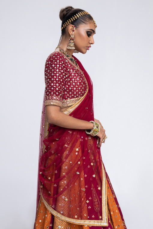 Pakistani Deep Maroon Embroidered Raw Silk Lehenga (3-Piece) - Image 4