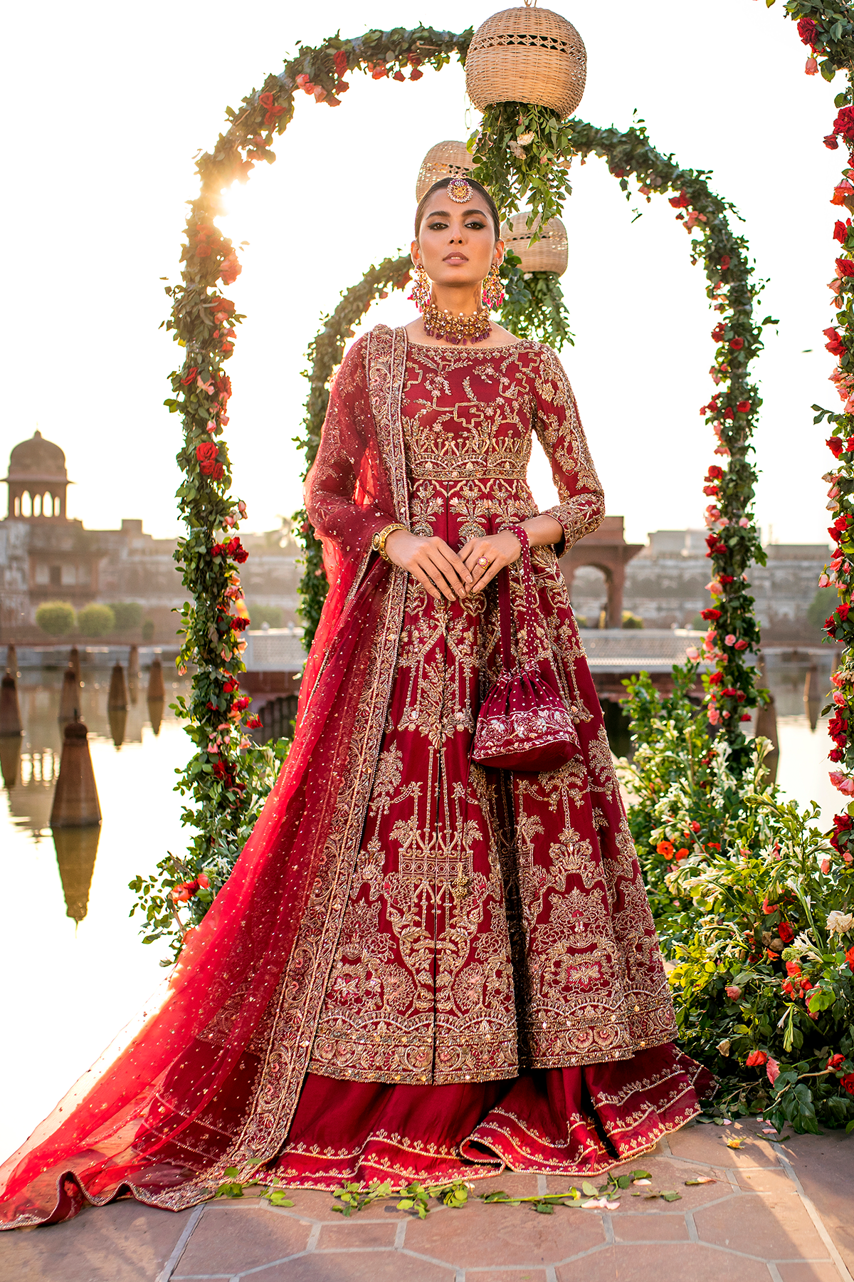 Maroon Hand-Embellished Cotton Net Bridal Lehenga (3-Piece) - Image 1