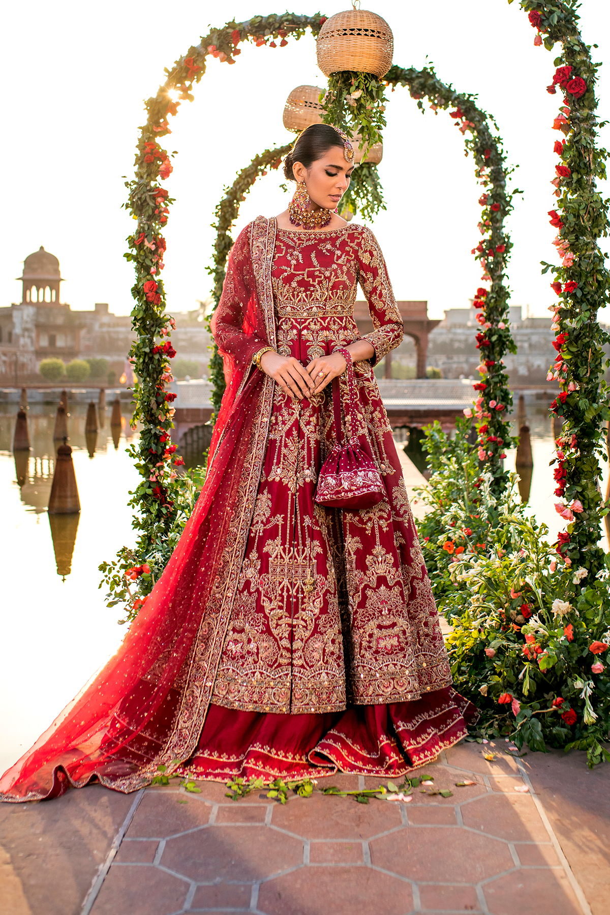 Maroon Hand-Embellished Cotton Net Bridal Lehenga (3-Piece) - Image 3