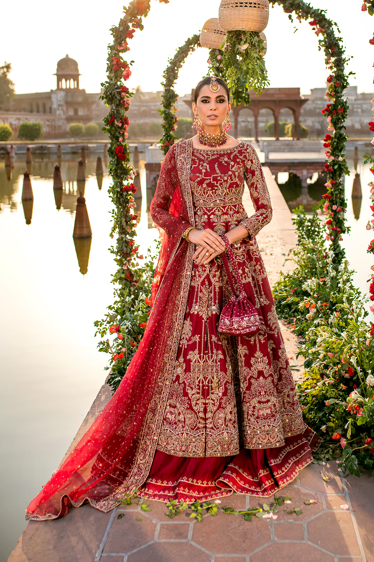 Maroon Hand-Embellished Cotton Net Bridal Lehenga (3-Piece) - Image 4