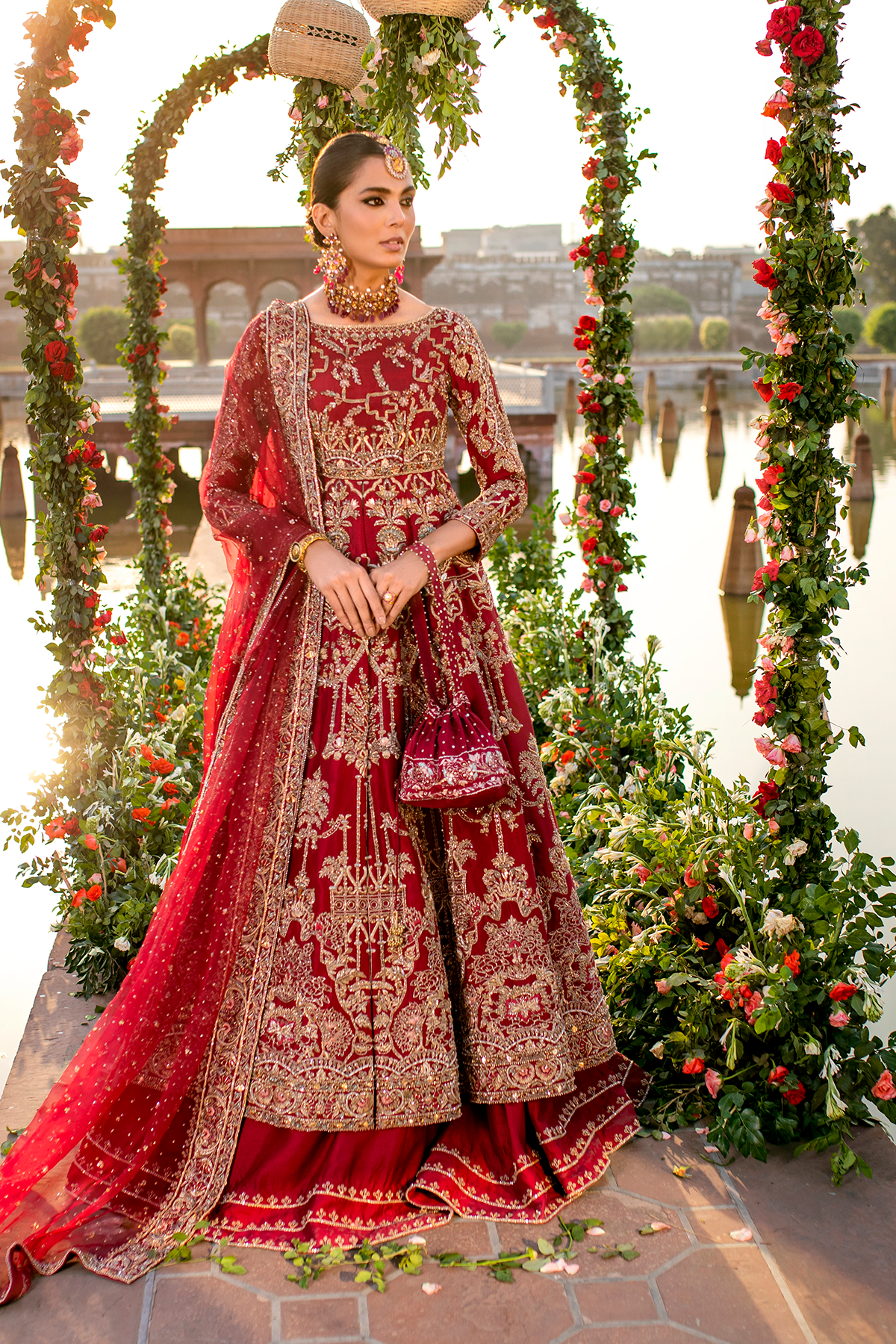 Maroon Hand-Embellished Cotton Net Bridal Lehenga (3-Piece) - Image 5
