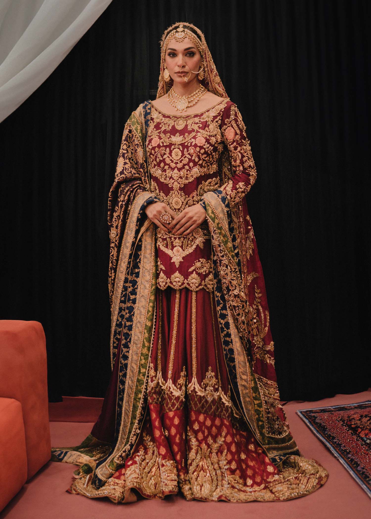 Maroon Embellished Raw Silk Bridal Farshi (3-Piece) - Image 1