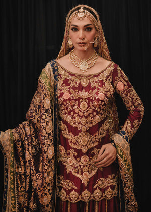 Maroon Embellished Raw Silk Bridal Farshi (3-Piece) - Image 4