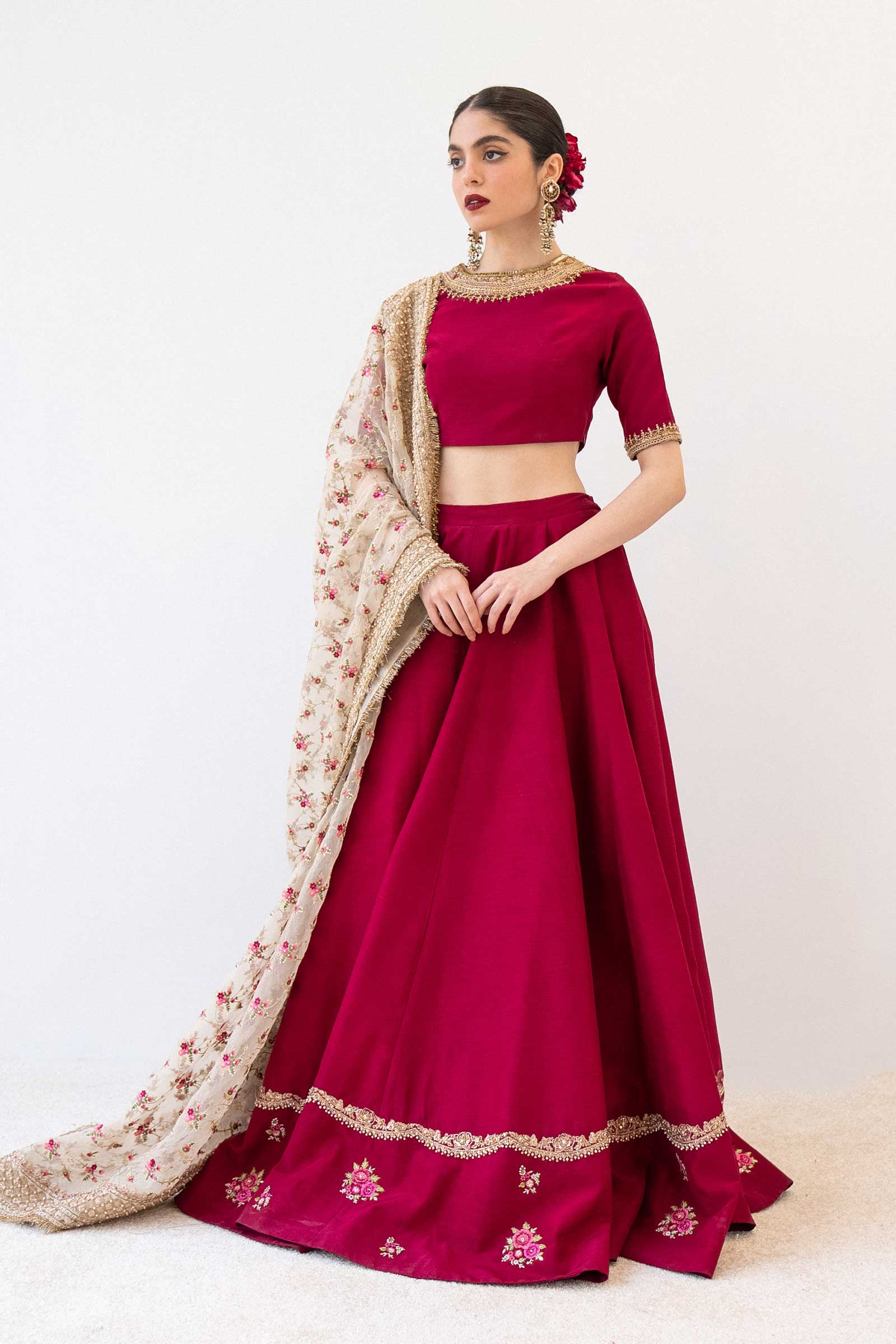 Pakistani Burgundy Embroidered Raw Silk Lehenga Choli (3-Piece) - Image 1