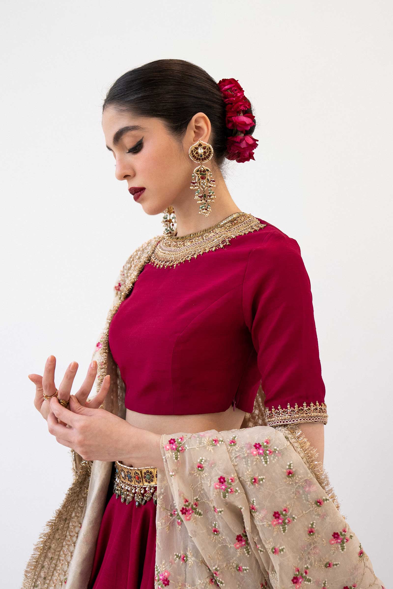 Pakistani Burgundy Embroidered Raw Silk Lehenga Choli (3-Piece) - Image 2