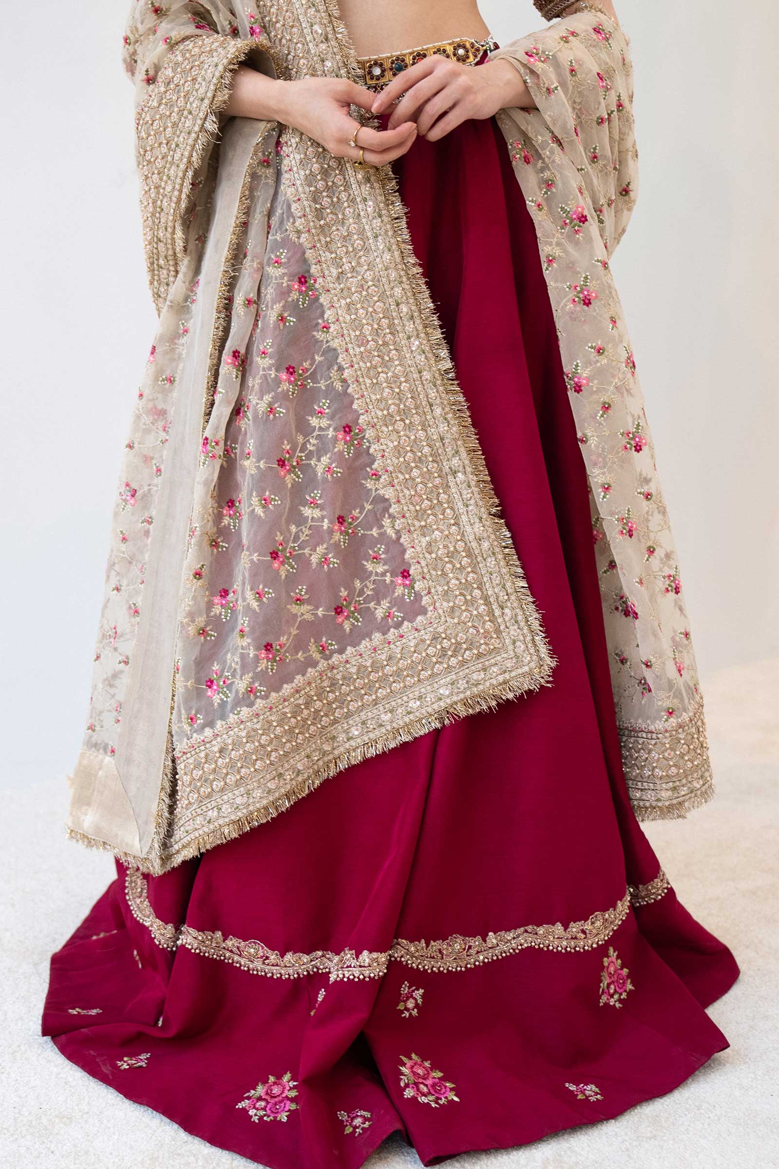 Pakistani Burgundy Embroidered Raw Silk Lehenga Choli (3-Piece) - Image 4