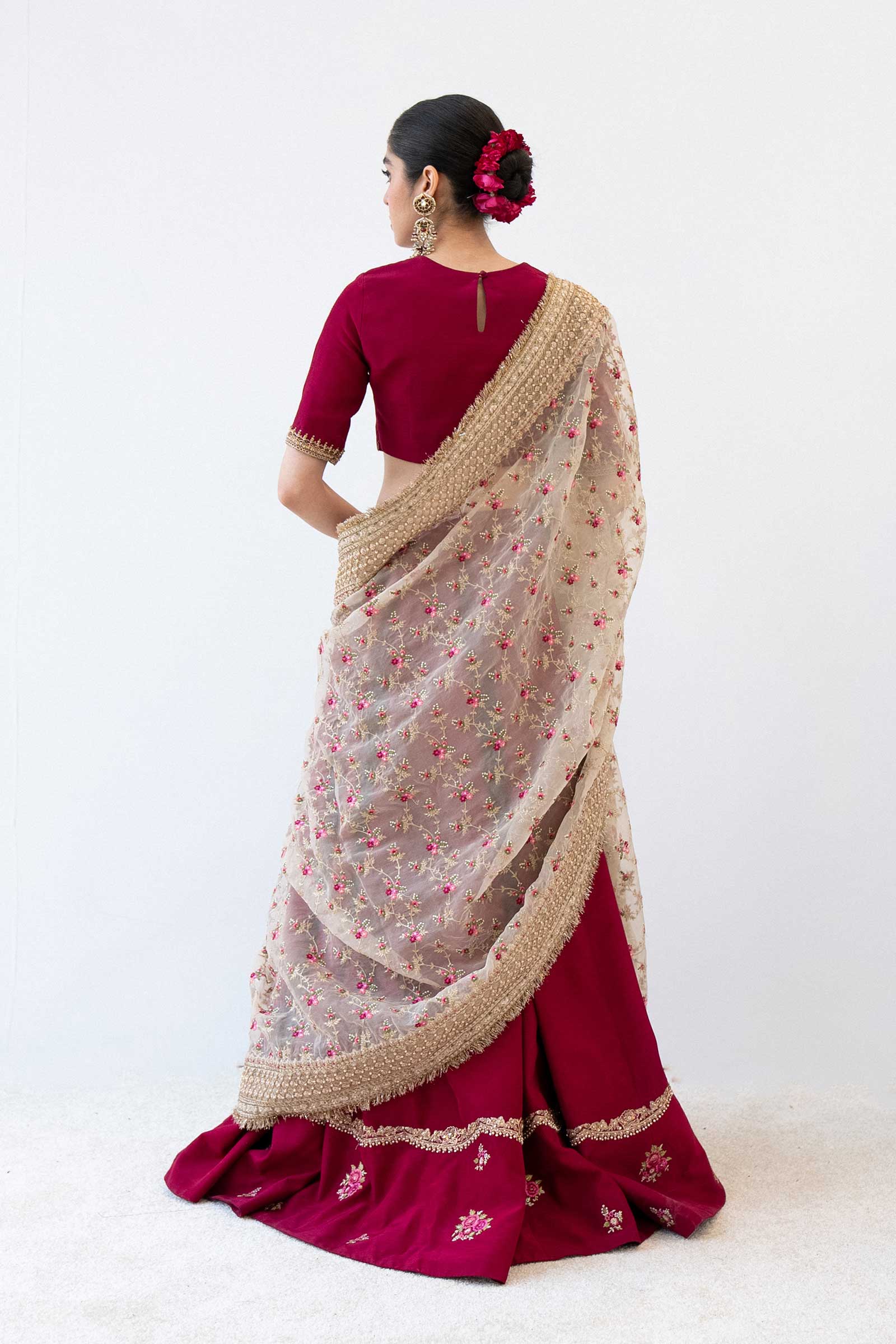 Pakistani Burgundy Embroidered Raw Silk Lehenga Choli (3-Piece) - Image 5