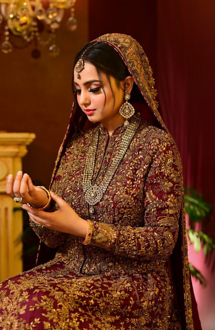 Pakistani Maroon Zardozi Raw Silk Lehenga Choli (3-Piece) - Image 1