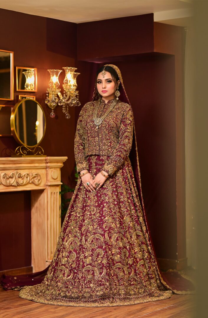 Pakistani Maroon Zardozi Raw Silk Lehenga Choli (3-Piece) - Image 2
