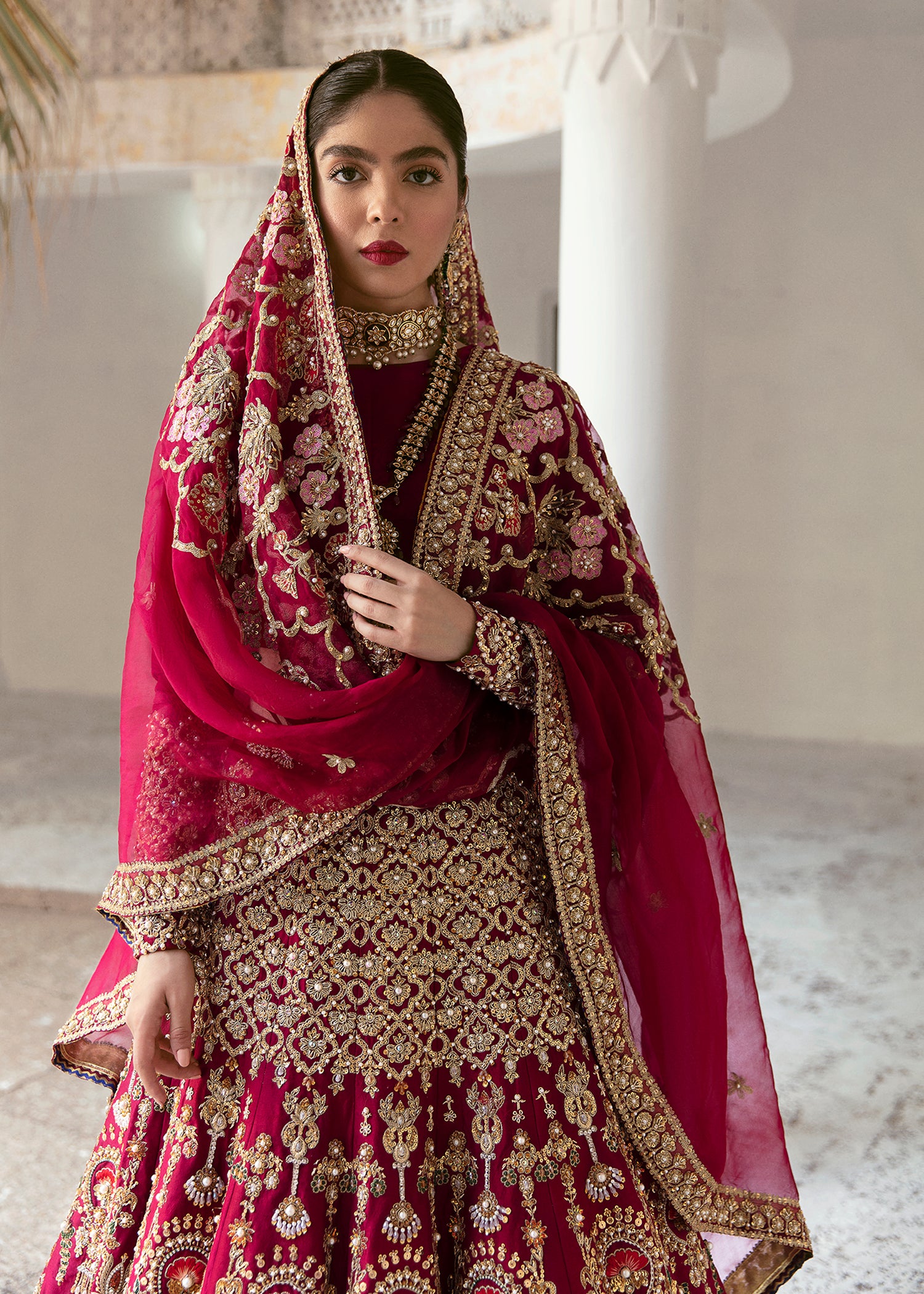 Deep Maroon Embroidered Raw Silk Lehnga Choli (4-Piece) - Image 4