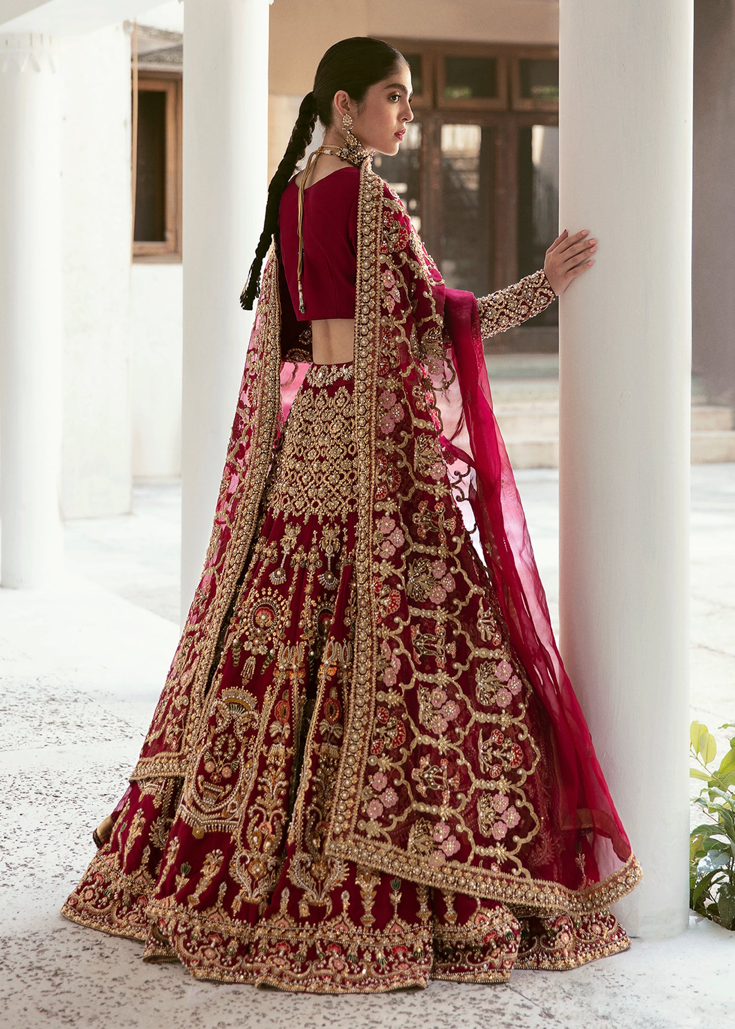 Deep Maroon Embroidered Raw Silk Lehnga Choli (4-Piece) - Image 6
