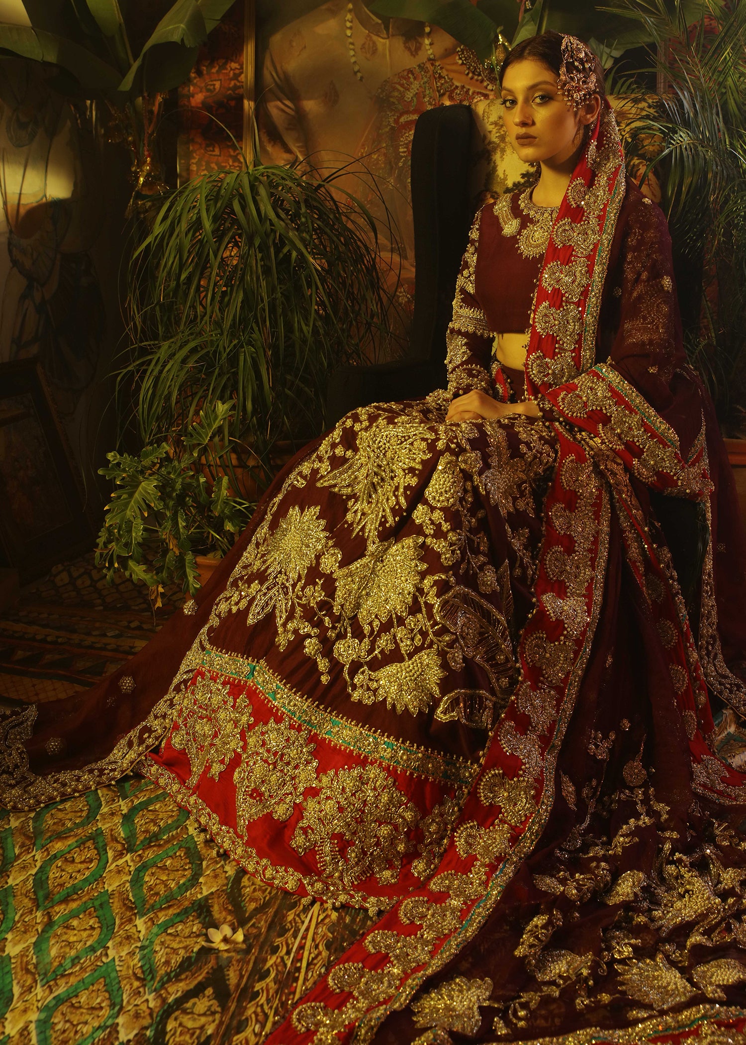 Claret Embroidered Raw Silk Lehenga Choli (3-Piece) - Image 1