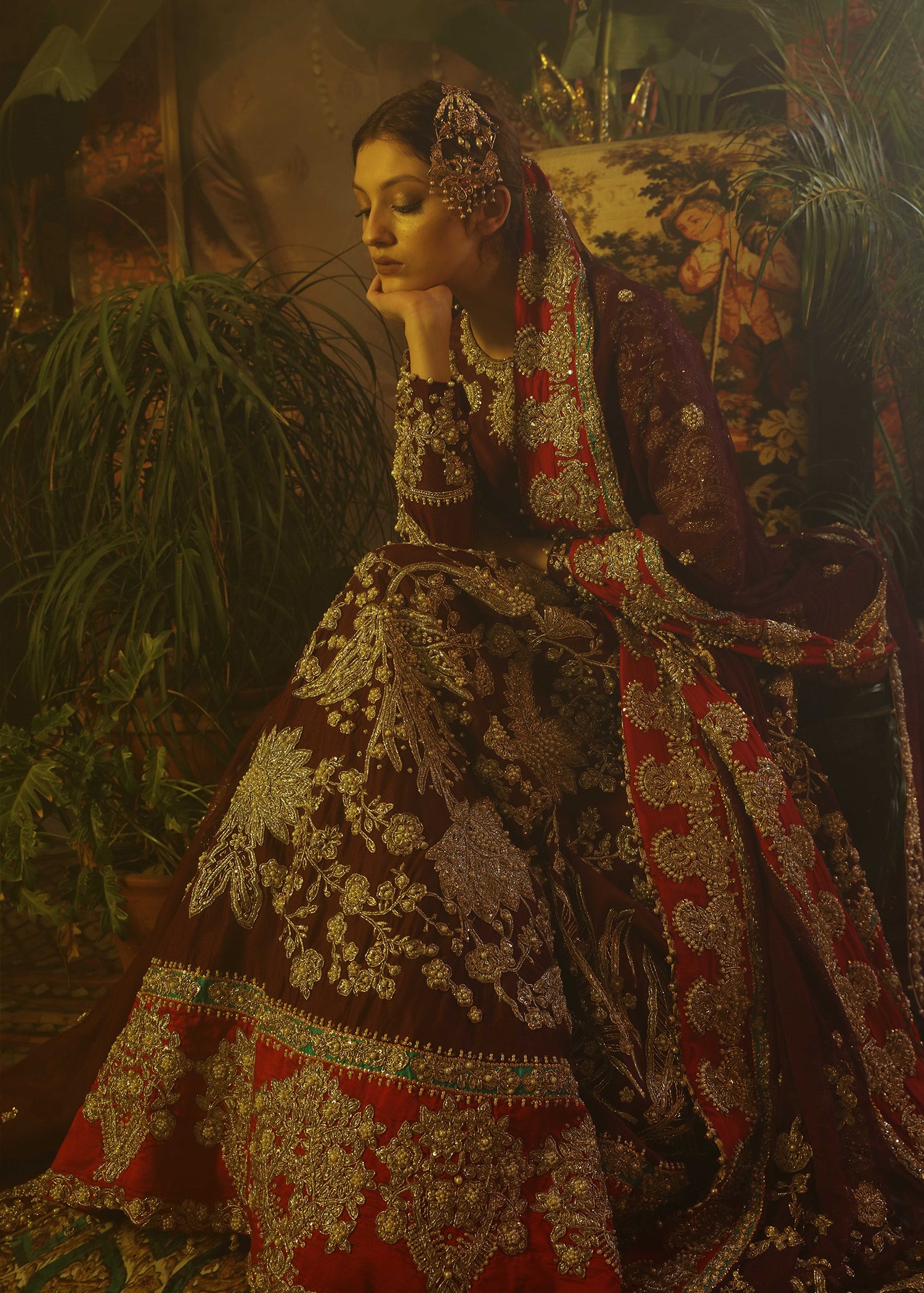 Claret Embroidered Raw Silk Lehenga Choli (3-Piece) - Image 2