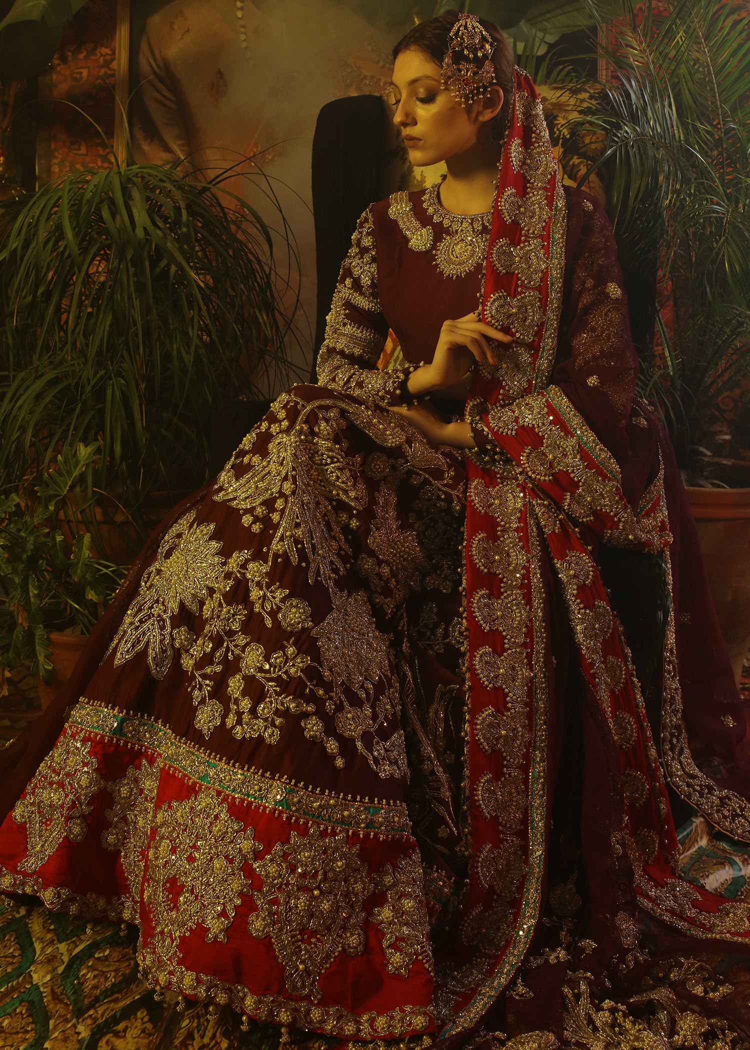 Claret Embroidered Raw Silk Lehenga Choli (3-Piece) - Image 3