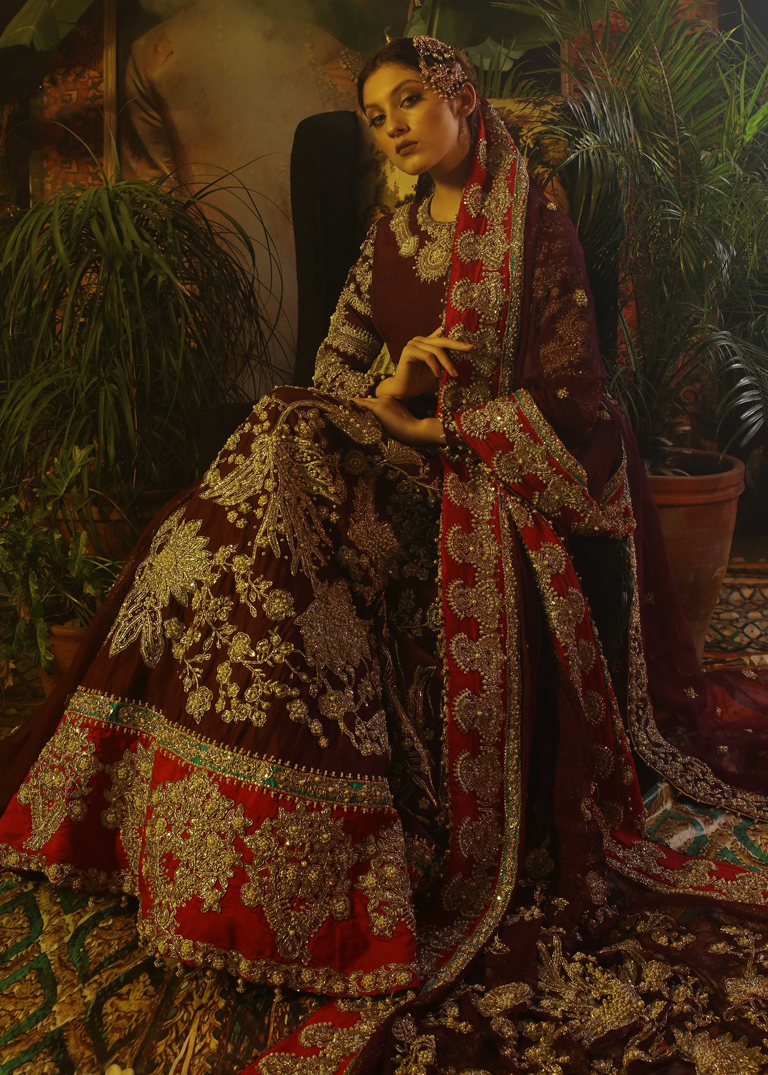 Claret Embroidered Raw Silk Lehenga Choli (3-Piece) - Image 4