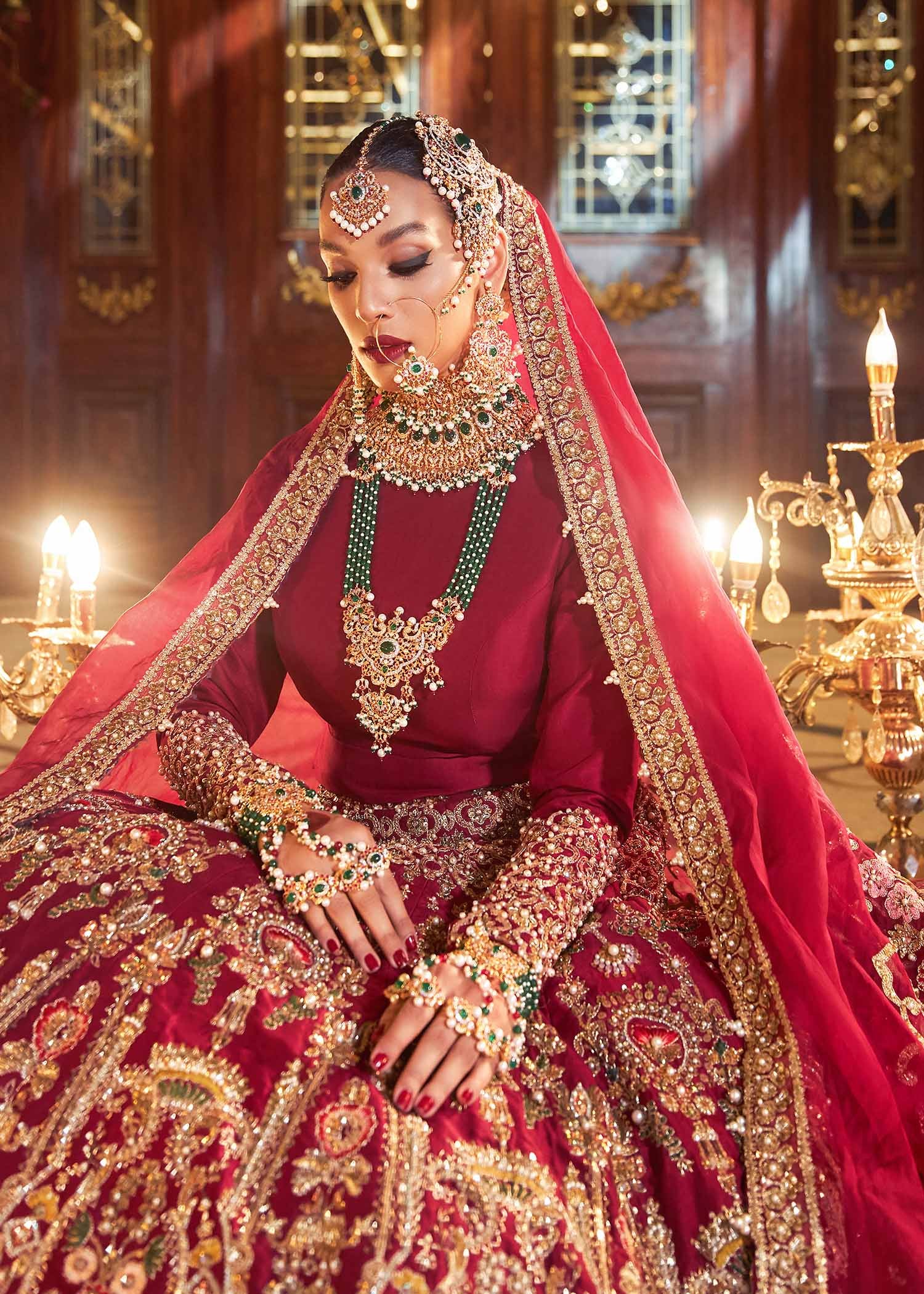 Pakistani Deep Maroon Embroidered Raw Silk Lehnga Choli (3-Piece) - Image 2