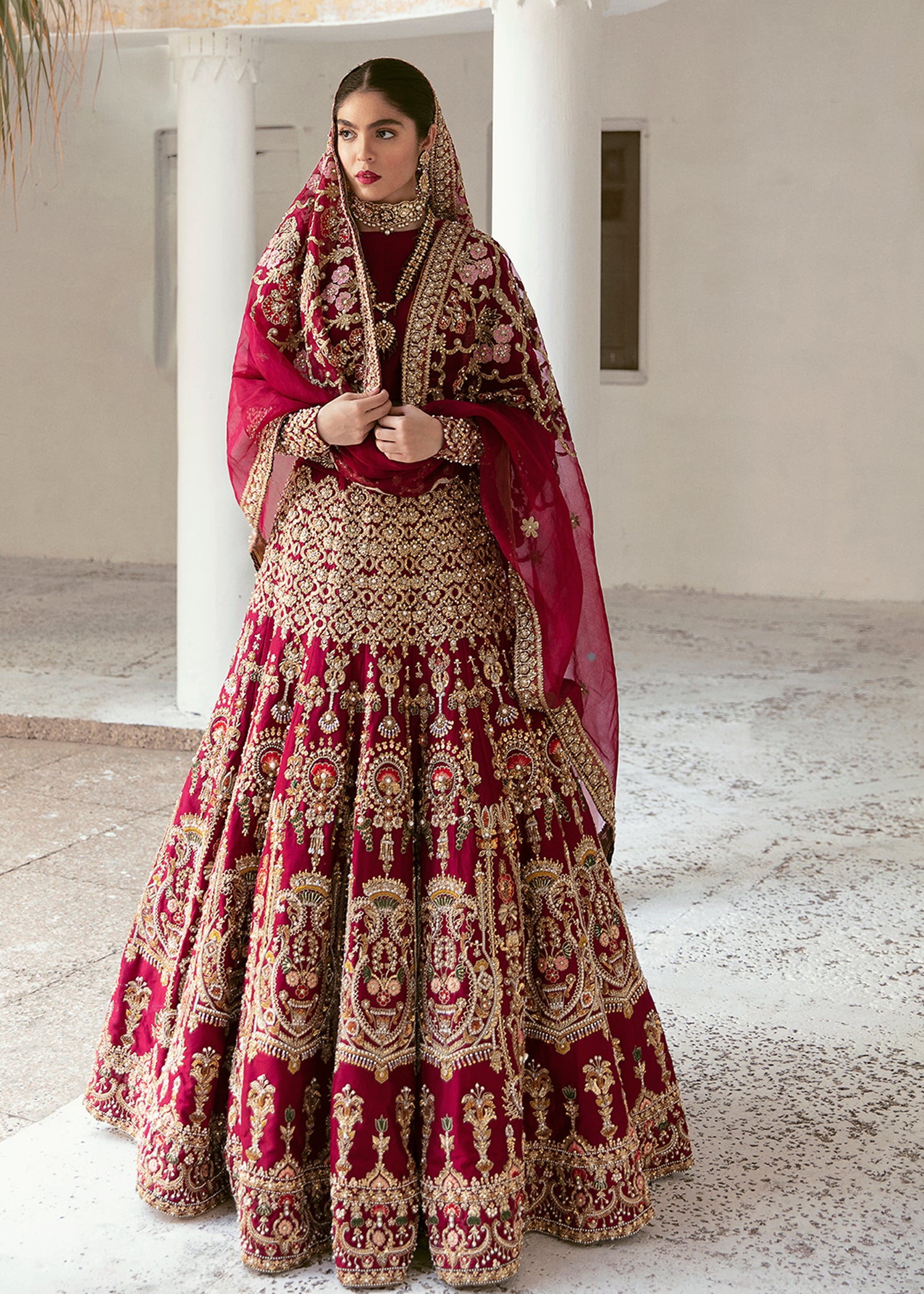 Pakistani Deep Maroon Embroidered Raw Silk Lehnga Choli (3-Piece) - Image 3