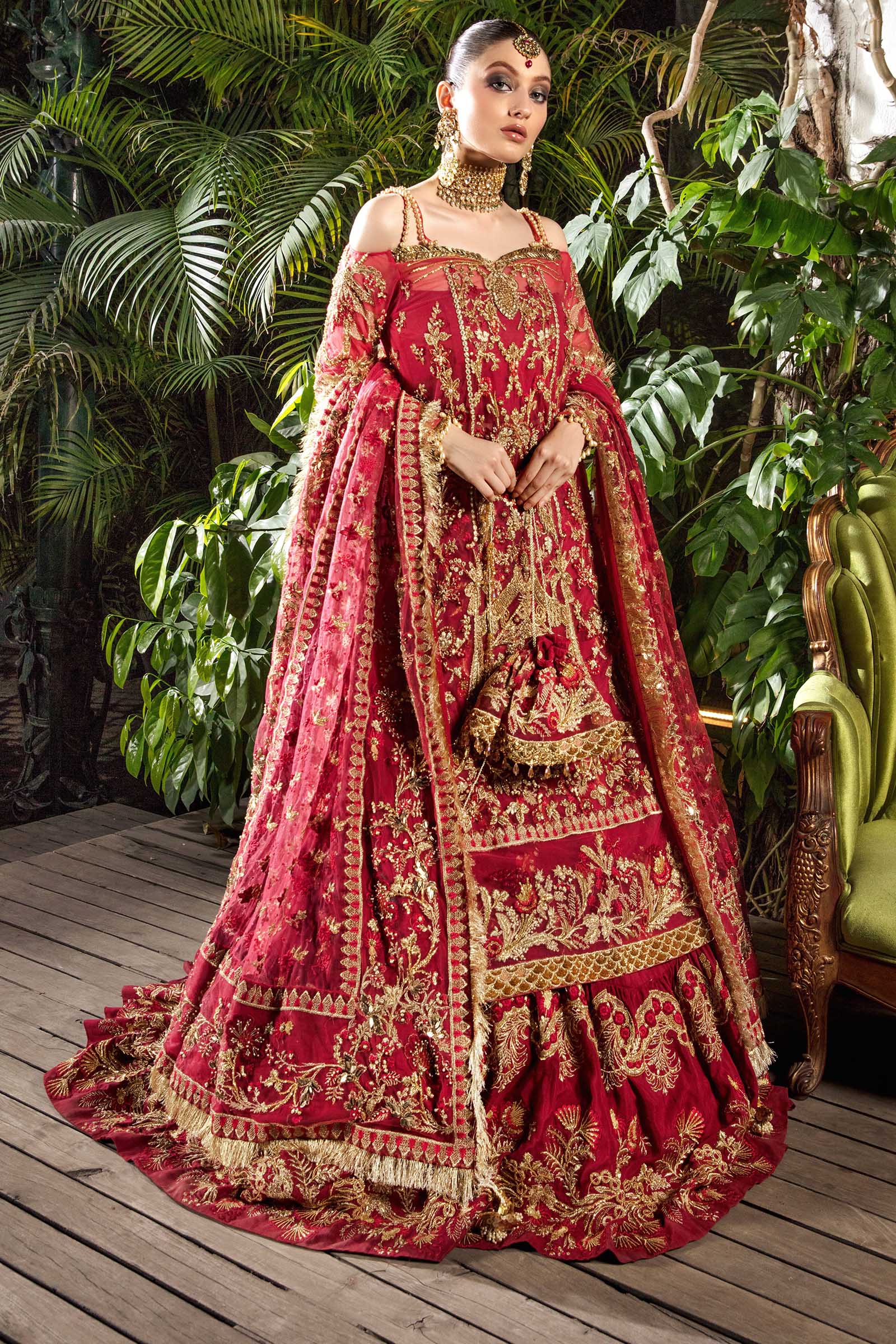 Maroon Embroidered Hard Net & Raw Silk Bridal Lehenga (3-Piece) - Image 1