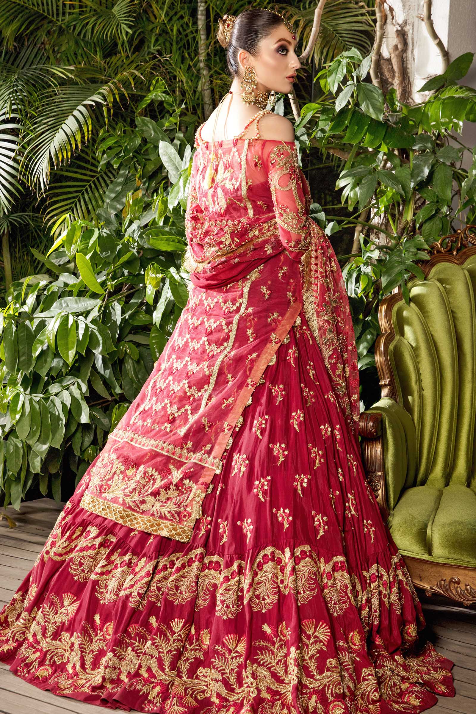 Maroon Embroidered Hard Net & Raw Silk Bridal Lehenga (3-Piece) - Image 2