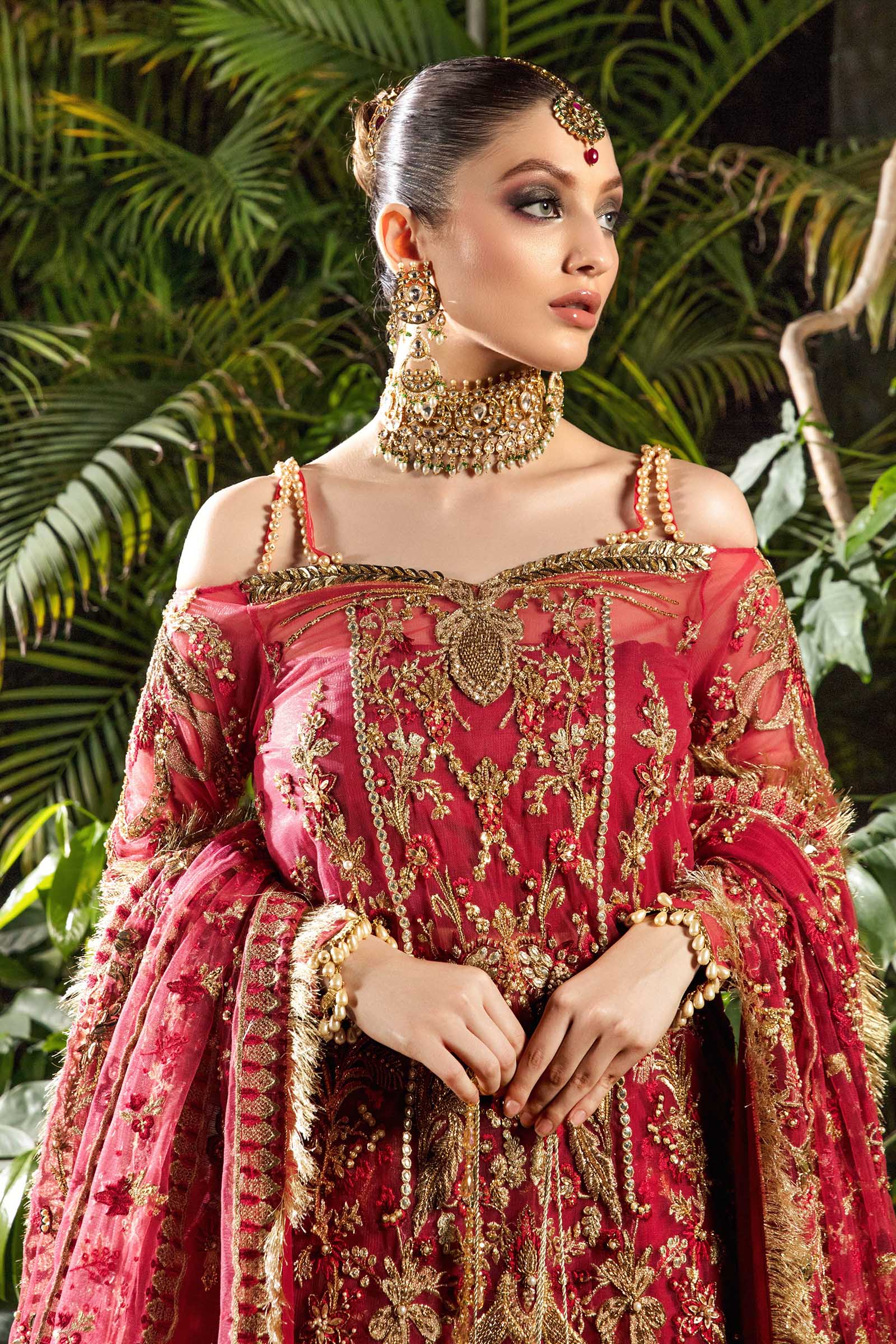 Maroon Embroidered Hard Net & Raw Silk Bridal Lehenga (3-Piece) - Image 3