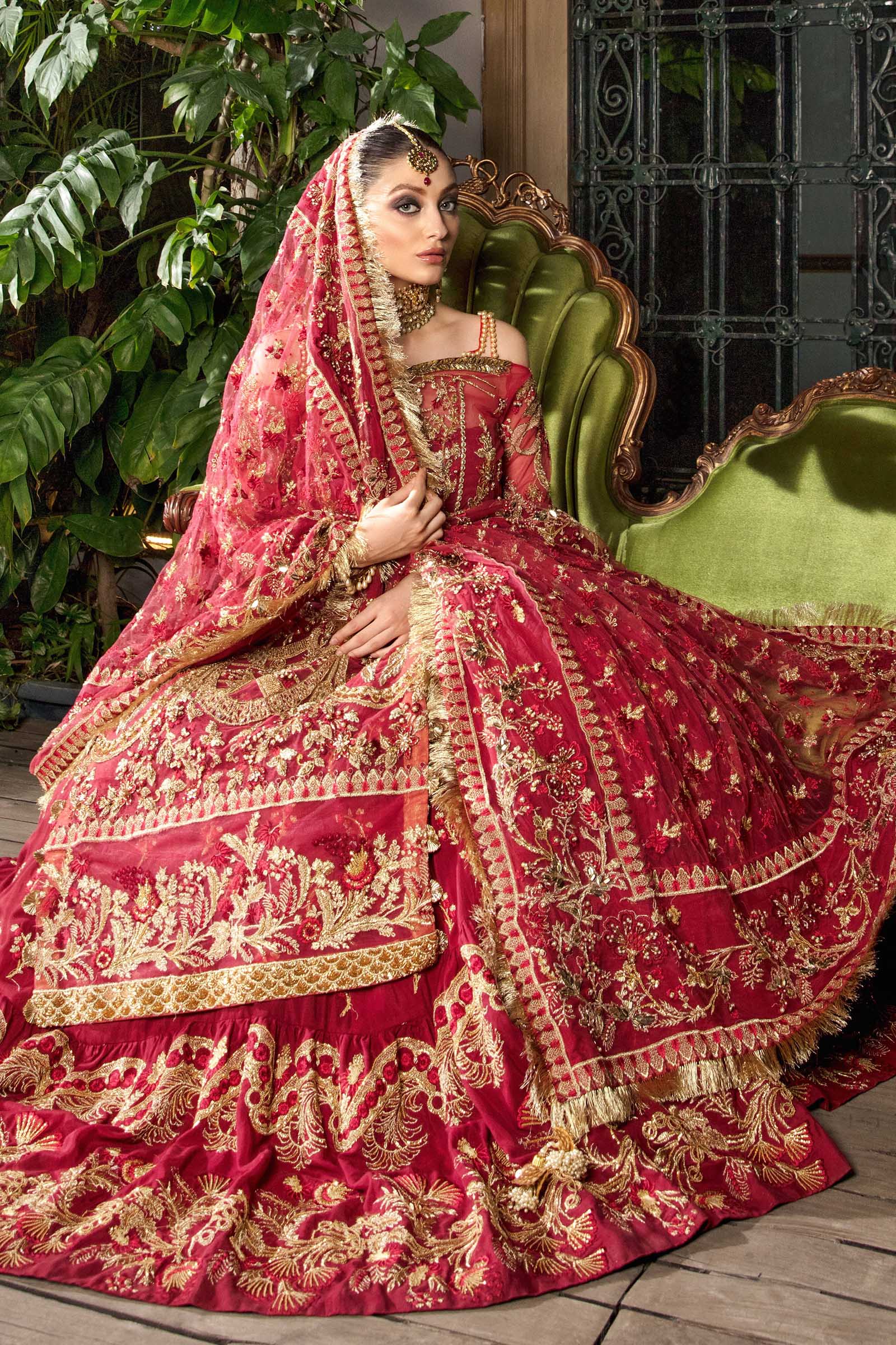 Maroon Embroidered Hard Net & Raw Silk Bridal Lehenga (3-Piece) - Image 4