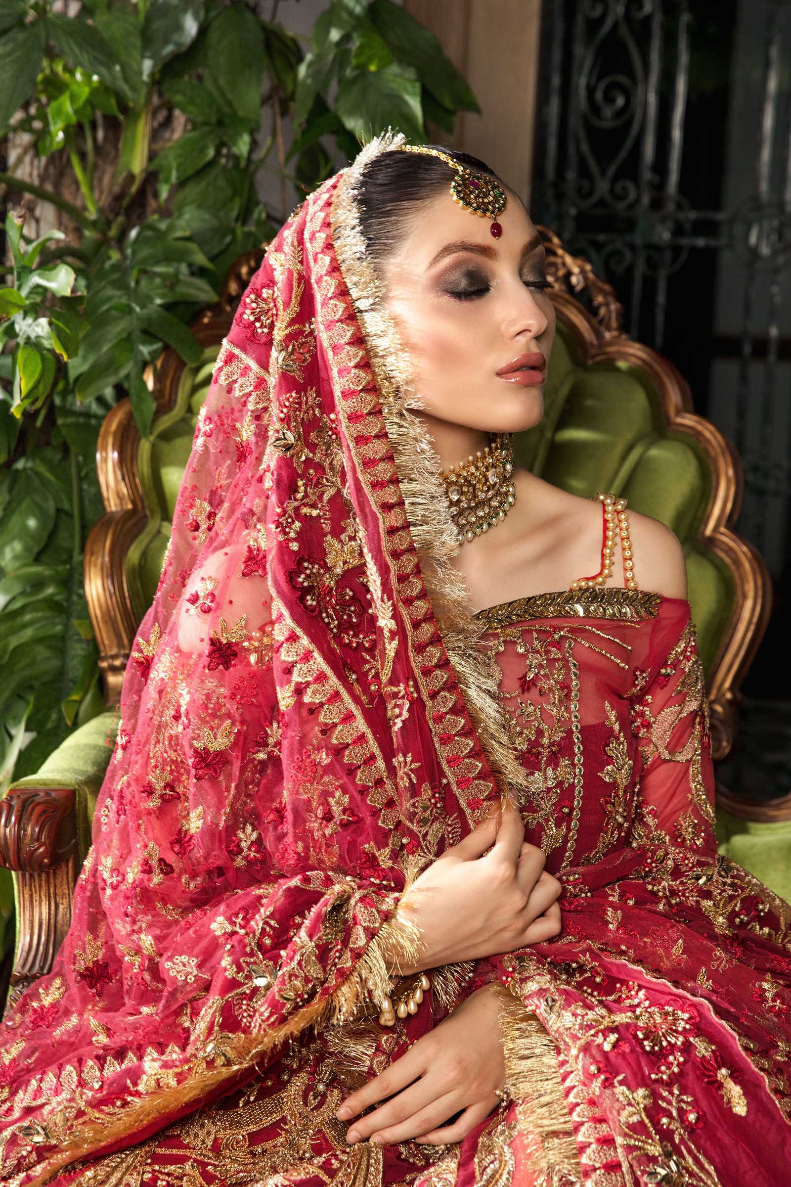 Maroon Embroidered Hard Net & Raw Silk Bridal Lehenga (3-Piece) - Image 5