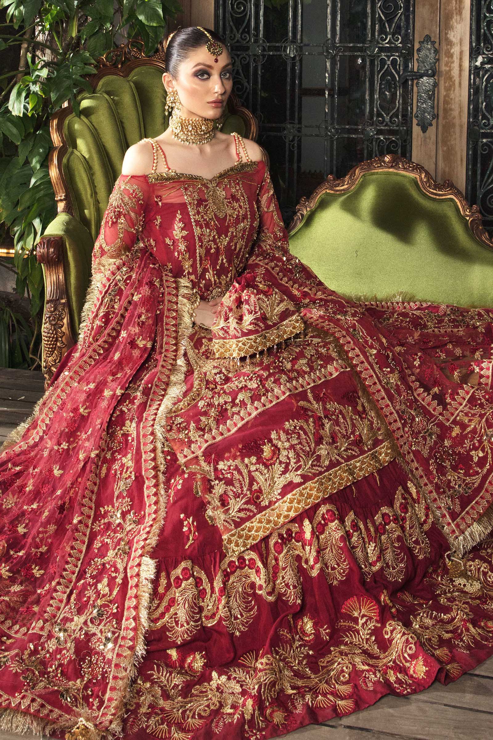 Maroon Embroidered Hard Net & Raw Silk Bridal Lehenga (3-Piece) - Image 6