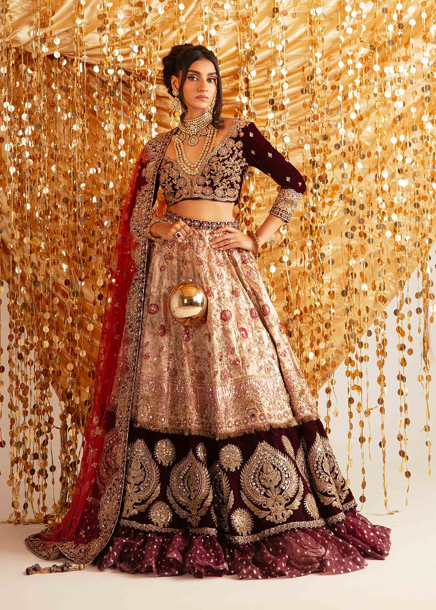 Royal Maroon Zardozi Raw Silk Bridal Lehenga (3-Piece) - Image 1