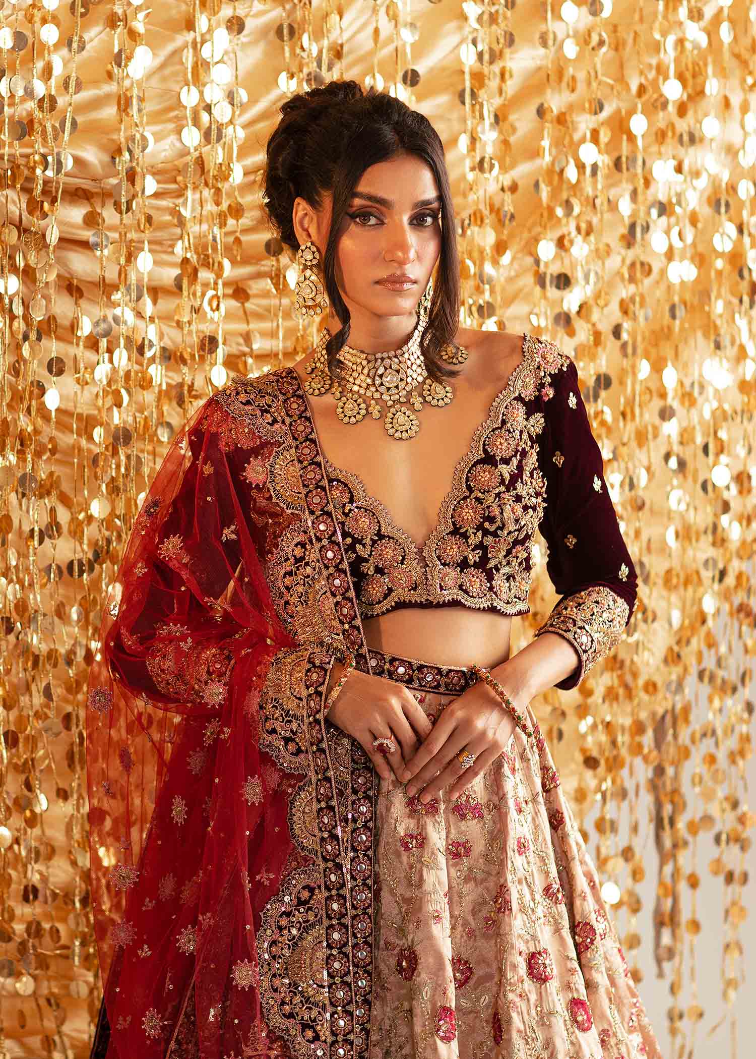 Royal Maroon Zardozi Raw Silk Bridal Lehenga (3-Piece) - Image 3
