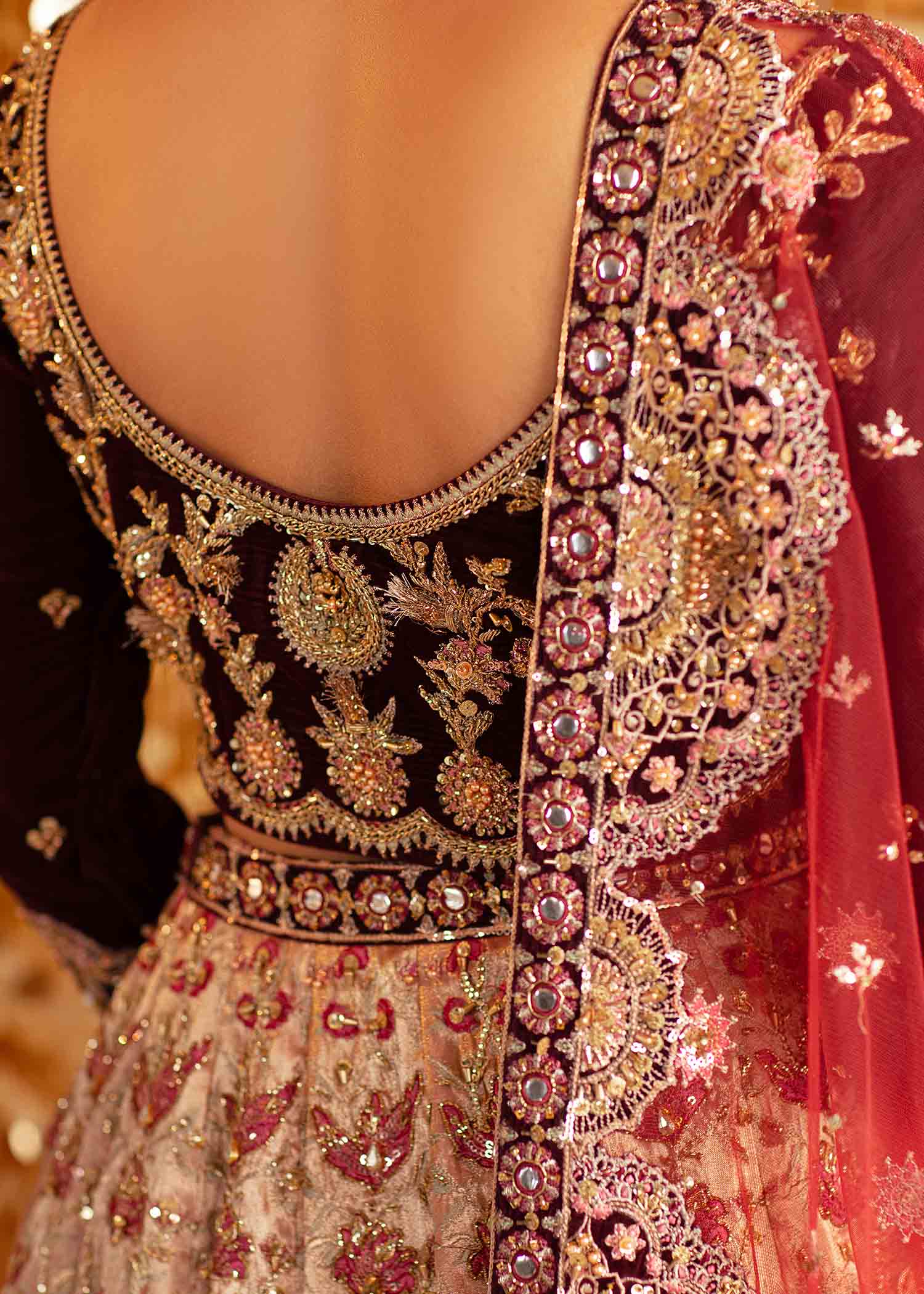 Royal Maroon Zardozi Raw Silk Bridal Lehenga (3-Piece) - Image 4