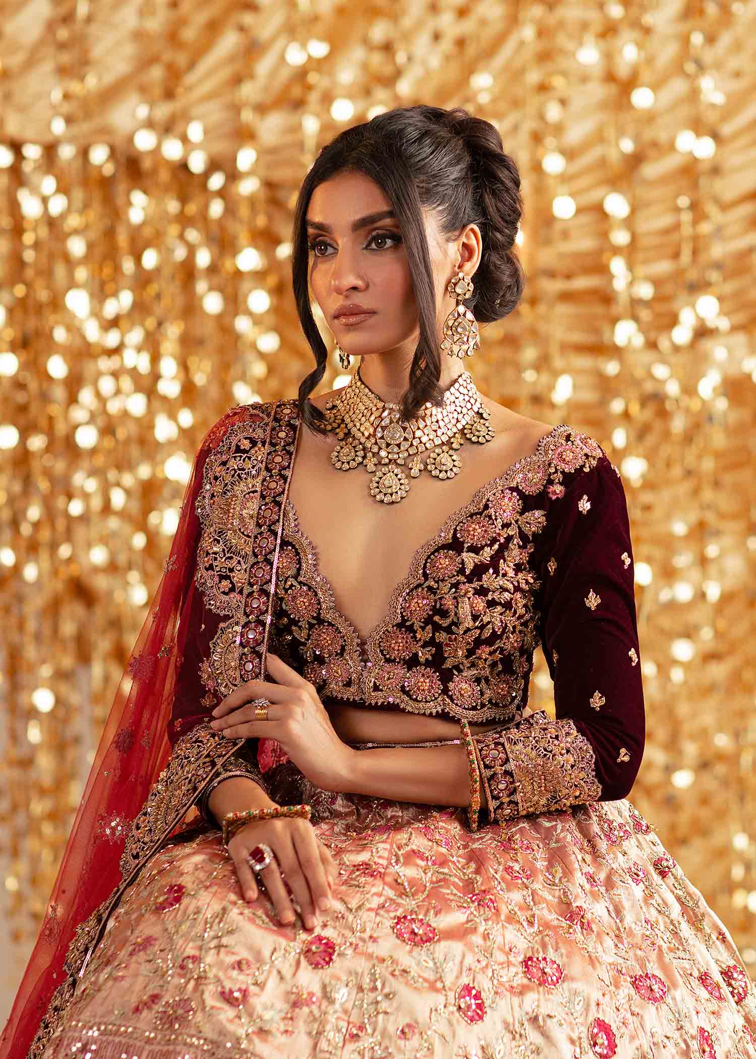 Royal Maroon Zardozi Raw Silk Bridal Lehenga (3-Piece) - Image 6