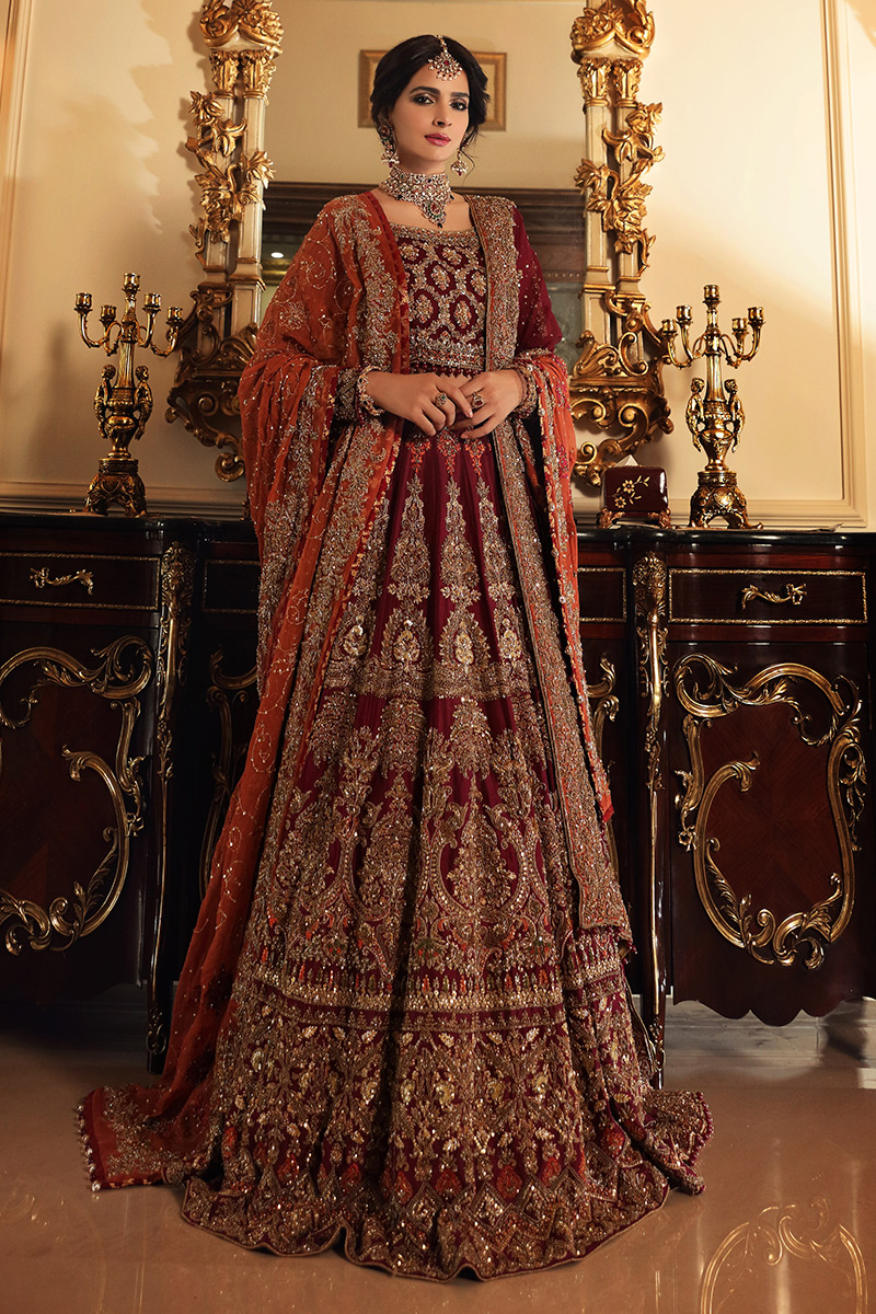 Pakistani Maroon Zardozi Raw Silk Lehenga (3-Piece) - Image 1