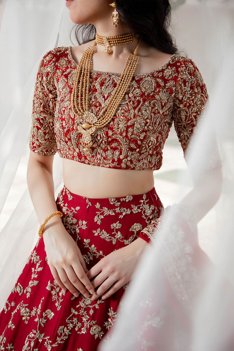 Pakistani Maroon Zardozi Silk Brocade Lehenga Set (3-Piece) - Image 2