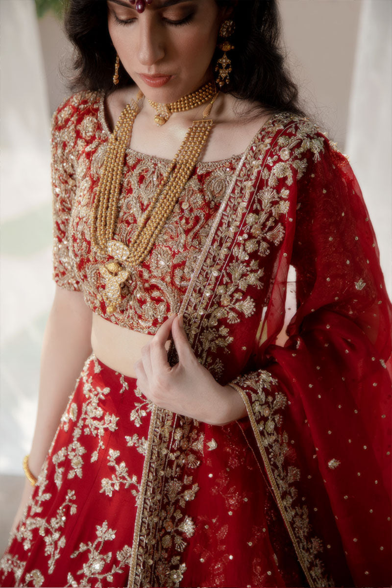 Pakistani Maroon Zardozi Silk Brocade Lehenga Set (3-Piece) - Image 4