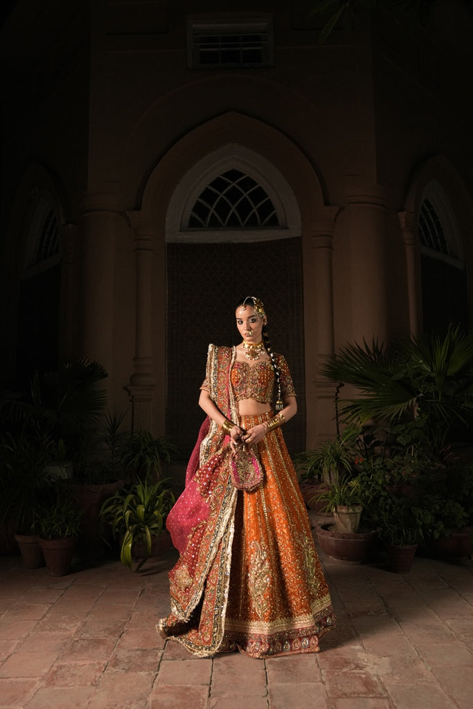 Rust Embroidered Raw Silk & Kamkhaab Lehenga Choli (3-Piece) - Image 1