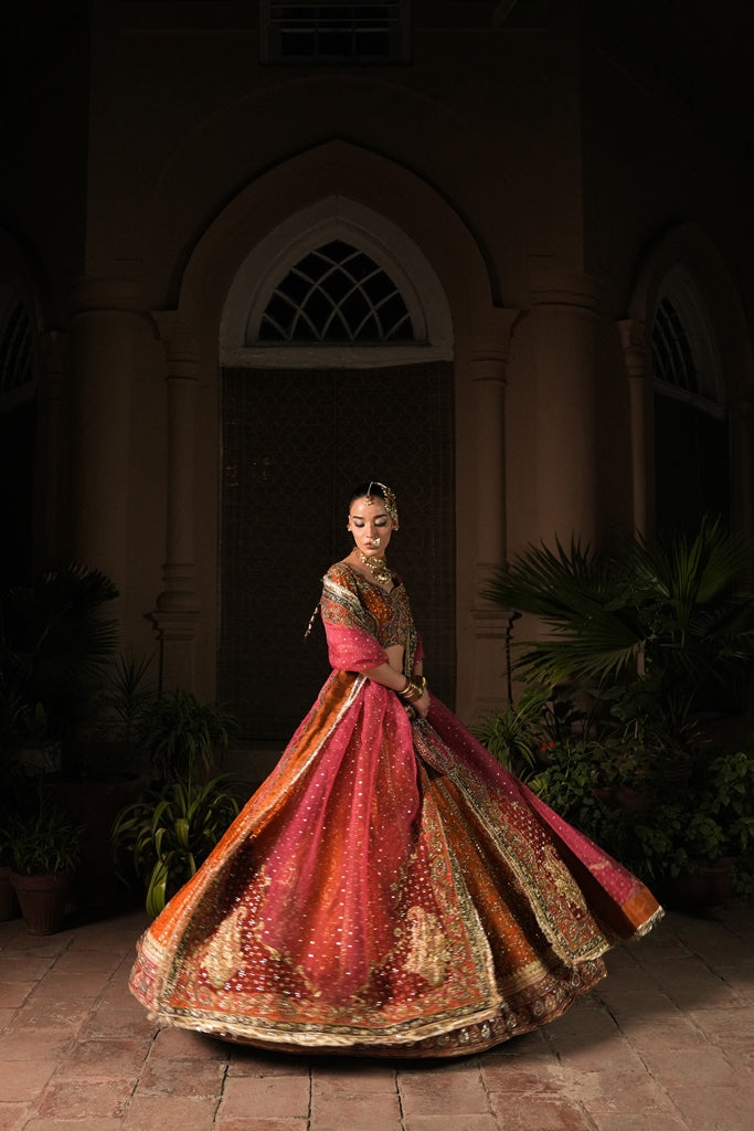 Rust Embroidered Raw Silk & Kamkhaab Lehenga Choli (3-Piece) - Image 3