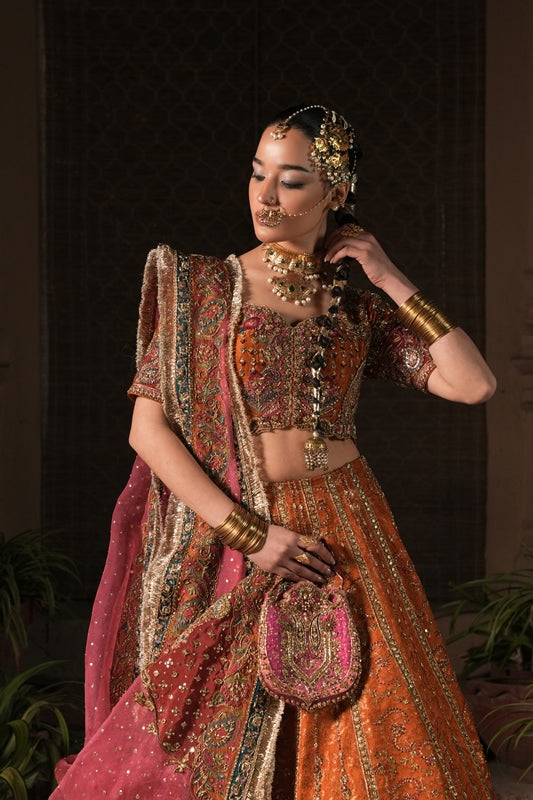 Rust Embroidered Raw Silk & Kamkhaab Lehenga Choli (3-Piece) - Image 5