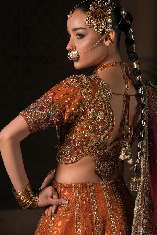 Rust Embroidered Raw Silk & Kamkhaab Lehenga Choli (3-Piece) - Image 6
