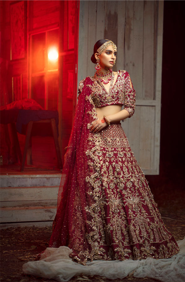 Pakistani Deep Maroon Embroidered Raw Silk Lehenga (3-Piece) - Image 2