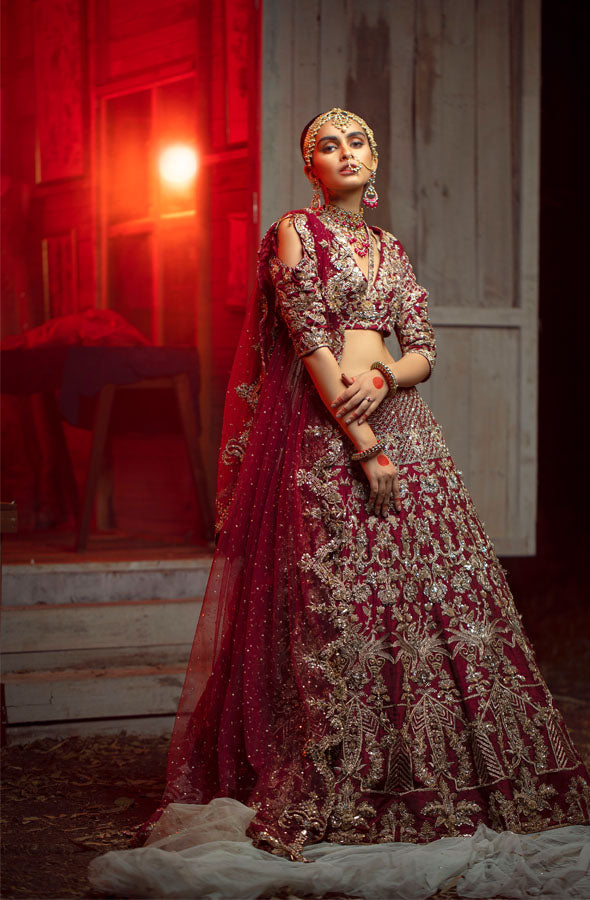 Pakistani Deep Maroon Embroidered Raw Silk Lehenga (3-Piece) - Image 3
