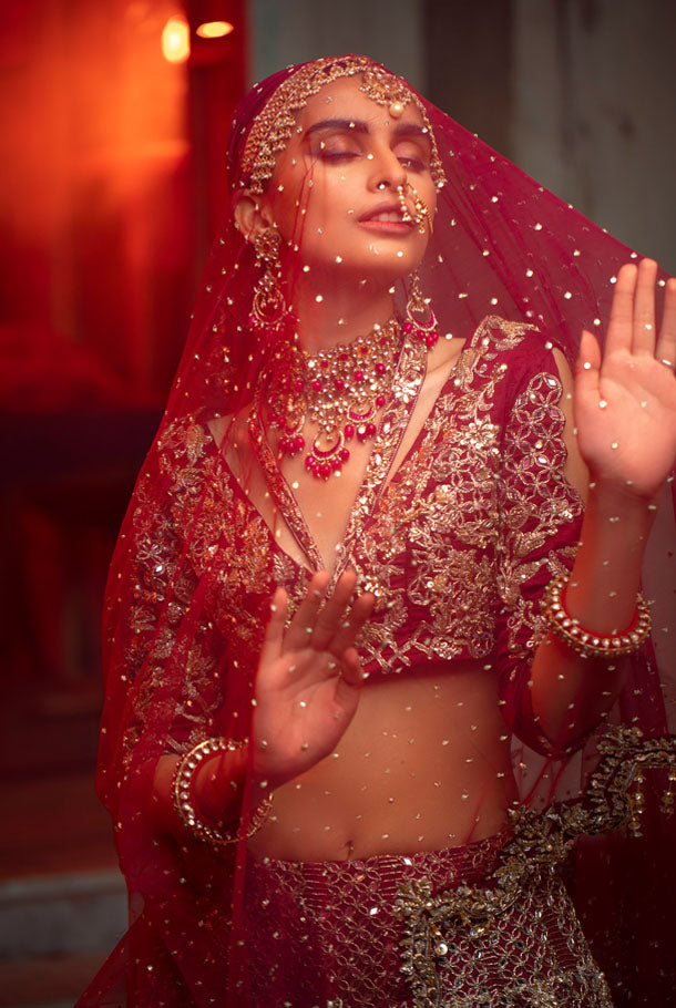 Pakistani Deep Maroon Embroidered Raw Silk Lehenga (3-Piece) - Image 4